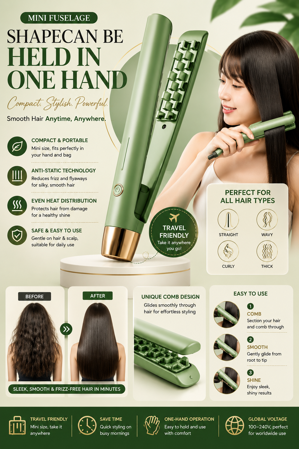 Portable Hair Straightener Curler Flat Curling Iron
