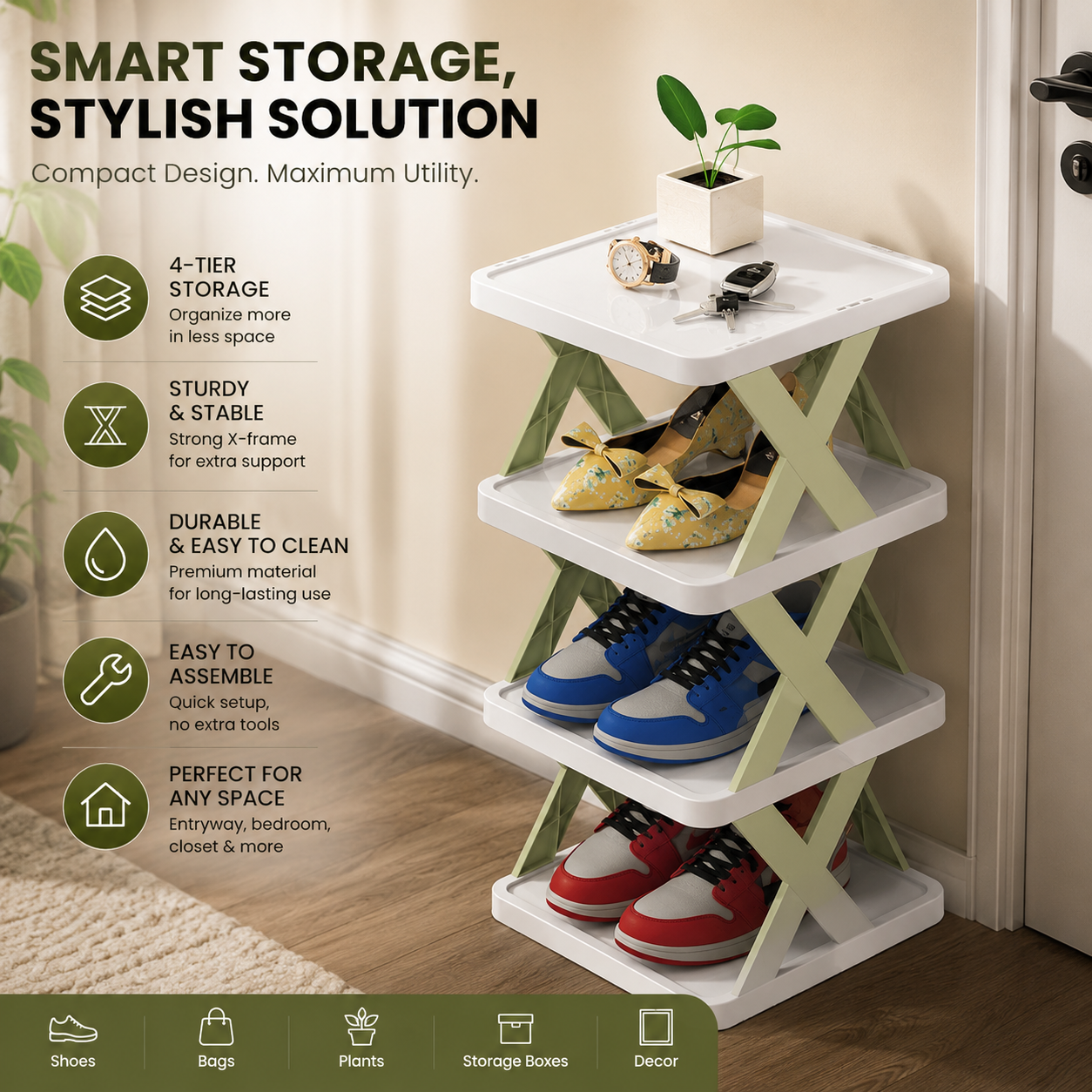 New Design Folding Shoe Rack 4 Tier Plastic Shoe Rack Storage