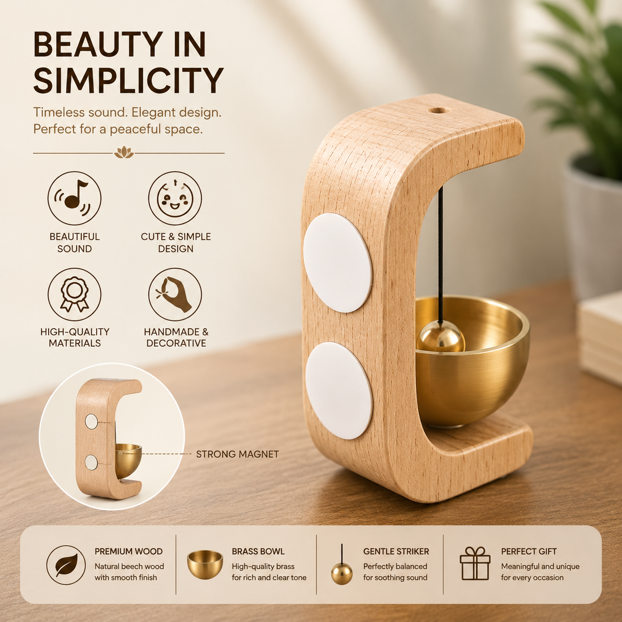 Japanese-style wooden magnetic door chime